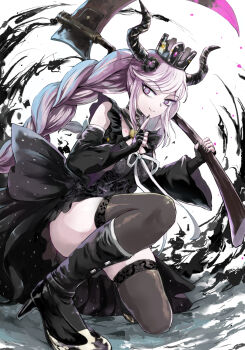 1girl black_boots black_dress black_gloves black_nails black_sleeves black_thighhighs boots braid closed_mouth crown detached_sleeves dress elbow_gloves gloves high_heel_boots high_heels highres holding holding_scythe horns index_finger_raised knee_boots long_hair long_sleeves master_detective_archives:_rain_code mini_crown nail_polish on_one_knee pageratta scythe shinigami_(rain_code) sleeveless sleeveless_dress smile solo thighhighs thighhighs_under_boots twin_braids twintails very_long_hair white_background wide_sleeves