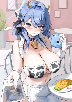 1girl absurdres ako_(blue_archive) animal_ears animal_print apron bare_shoulders bell bikini blue_archive blue_eyes blue_hair blush breasts camera chair cleavage closed_mouth collar cow_ears cow_girl cow_horns cow_print cow_print_bikini cowbell earrings extra_ears food frilled_bikini frills hair_ribbon halo highres holding holding_camera holding_phone horns indoors jewelry kemonomimi_mode large_breasts long_hair looking_at_viewer navel neck_bell phone polaroid_photo ponya_0000 pov print_bikini pudding ribbon strapless strapless_bikini stud_earrings swimsuit table v-shaped_eyebrows waist_apron white_apron wrist_cuffs