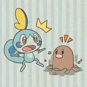 Rule 34 | animal focus, blue eyes, bright pupils, commentary request, diglett, full body, gen 1 pokemon, gen 8 pokemon, mojacookie, motion lines, nintendo, no humans, notice lines, official art, open mouth, pokemon, pokemon (anime), pokemon (creature), pokemon focus, pokemon journeys, second-party source, sobble, soil, striped background, tearing up, white pupils