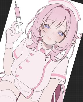 1girl alternate_costume blue_eyes breasts commentary dress elf elysia_(honkai_impact) hat highres holding holding_syringe honkai_(series) honkai_impact_3rd large_breasts long_hair looking_at_viewer maid nurse nurse_cap pink_hair pointy_ears rosheil smile solo syringe thighhighs thighs unfinished very_long_hair white_dress white_thighhighs