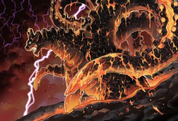 arclight_games claws drosselmeyer_(company) ears electricity embers energy fire giant giant_monster glowing glowing_eyes glowing_mouth highres japanese_text kaiju kaiju_on_the_earth lava lightning monster nakamichi_yudai no_humans no_pupils official_art pointy_ears purple_electricity roaring shonen_jump smoke tail tentacles volcano vulcanus_(kaiju_on_the_earth) yellow_eyes