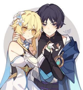 1boy 1girl absurdres aqua_gem arm_cutout bare_shoulders belt black_belt black_bodysuit black_bow black_hair blonde_hair blue_cape blue_flower blue_kimono blue_trim blunt_ends blush bodysuit bow breasts cape chinese_commentary closed_mouth clothing_cutout commentary_request detached_sleeves dress eyeliner eyeshadow fingernails flower gem genshin_impact gold hair_between_eyes hair_flower hair_ornament halterneck hand_on_another's_neck highres holding_another's_wrist japanese_clothes juban kimono looking_at_viewer lumine_(genshin_impact) makeup mandarin_collar medium_breasts multicolored_flower open_clothes open_kimono parted_bangs purple_eyes purple_sash red_eyeliner red_eyeshadow reido_0723 sash scaramouche_(genshin_impact) scarf short_hair short_hair_with_long_locks shoulder_peek sidelocks simple_background squiggle sweatdrop tsurime vambraces vision_(genshin_impact) wanderer_(genshin_impact) white_dress white_flower white_kimono white_scarf yellow_eyes