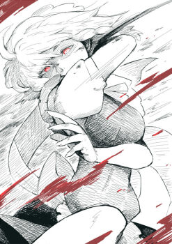 Rule 34 | 1girl, apron, blood, braid, breasts, commentary request, daitai konna kanji, fingernails, izayoi sakuya, long fingernails, looking at viewer, maid headdress, medium breasts, medium hair, monochrome, red eyes, shirt, short sleeves, skirt, spot color, touhou, upper body, white background, white shirt