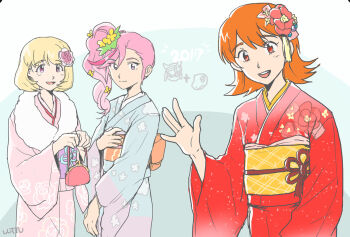 agumon appmon blonde_hair digimon digimon_adventure_tri. digimon_universe:_appli_monsters gatchmon hair_ornament japanese_clothes karan_eri kashiki_ai kimono looking_at_viewer medium_hair new_year open_mouth orange_hair pink_hair tagme takenouchi_sora waving