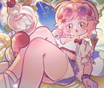 1girl :o animal_ears arknights ball beachball bikini bikini_top_only blue_shorts breasts cat_ears cat_girl cat_tail cleavage denim denim_shorts eyewear_on_head goldenglow_(arknights) goldenglow_(summer_flowers)_(arknights) greatyoruka63 hair_ornament hairclip hat highres infection_monitor_(arknights) knees_up large_breasts open_clothes open_shirt pink_hair round_eyewear shirt shorts sitting solo staff sun_hat sunglasses swimsuit tail thighs white_bikini white_shirt yellow_eyes