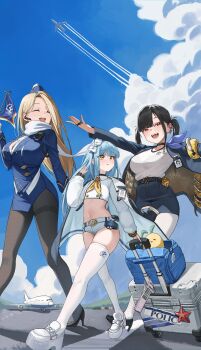 3girls absurdres aircraft airplane airport belt black_choker black_hair black_pantyhose blonde_hair blue_hair blue_jacket blue_skirt blue_sky blush bow breasts button_gap che_(komulkomul48) choker cielo_(nikke) closed_eyes collared_shirt commentary contrail crop_top cropped_shirt day earpiece flag flat_chest goddess_of_victory:_nikke hair_bow hat high_heels highres holding holding_flag id_card jacket jacket_on_shoulders jewelry large_breasts long_hair long_sleeves midriff miniskirt multiple_girls navel neckerchief open_clothes open_jacket open_mouth outdoors over_the_horizon_(nikke) pantyhose parted_hair parted_lips pencil_skirt red_eyes scarf shadow shirt shoes shorts skindentation skirt sky sky_(nikke) smile sora_(nikke) teeth thighband_pantyhose thighhighs twintails two-sided_fabric two-sided_jacket upper_teeth_only walking wedge_heels white_belt white_bow white_pantyhose white_scarf white_shirt white_shoes white_shorts white_thighhighs yellow_eyes yellow_neckerchief