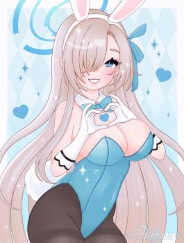 Rule 34 | 1girl, animal ears, asuna (blue archive), asuna (bunny) (blue archive), asymmetrical bangs, blonde hair, blue archive, blue bow, blue bowtie, blue eyes, blue halo, blue leotard, blue ribbon, blush, bow, bowtie, breasts, cleavage, commentary request, detached collar, dot nose, eyelashes, eyeshadow, fake animal ears, gloves, grin, hair over one eye, halo, heart, heart hands, highres, kikkorii, large breasts, leotard, long hair, looking at viewer, makeup, mole, mole on breast, pantyhose, playboy bunny, ribbon, sideboob, smile, solo, sparkle, very long hair