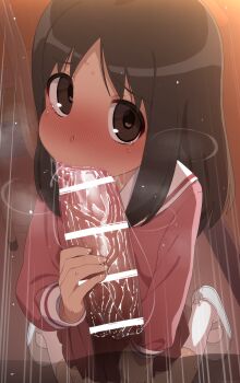 1boy 1girl absurdres azumanga_daioh's_school_uniform azumanga_daiou bar_censor blush brown_eyes brown_hair censored cheek_bulge fellatio grey_shoes hetero highres indoors irrumatio kasuga_ayumu kneeling large_variant_set loli long_hair long_sleeves looking_at_viewer mizumizuni motion_lines oral penis pink_shirt pov pov_crotch pov_hands red_skirt sailor_collar school_uniform serafuku shirt shoes skirt socks tears variant_set white_sailor_collar white_shoes white_socks winter_uniform