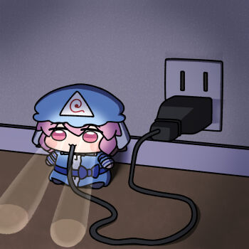 1girl :3 :d black_bow black_bowtie black_shoes blue_hat blue_kimono blush_stickers bow bowtie commentary_request electric_plug electrical_outlet frills hat highres japanese_clothes kimono long_sleeves looking_down mob_cap night open_mouth pink_eyes pink_hair saigyouji_yuyuko shoes short_hair sitting smile solo touhou triangular_headpiece y75zei