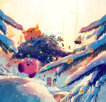 :d ^_^ arms_up artist_name bare_tree bell bloom blue_eyes blush blush_stickers chilly_(kirby) christmas_tree closed_eyes commentary_request day full_body highres holding kirby kirby_(series) light_rays nintendo no_humans open_mouth outdoors polof rabbit red_footwear ringle running scarfy shoes smile snow snowman star_(symbol) star_block sunlight suyasuyabi tree twitter_username wings winter