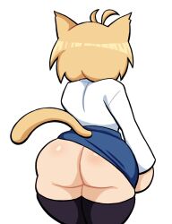 1girl 2022 alternate_ass_size animal_ears ass ass_focus blonde_hair blue_skirt butt_crack cat_ears cat_girl cat_tail clothes_lift female_focus from_behind highres huge_ass kneehighs lovetopullmicke melty_blood neco-arc no_panties shirt short_hair shortstack simple_background skirt skirt_lift socks solo standing sweater tail thick_thighs thighhighs thighs tsukihime type-moon white_background white_shirt wide_hips