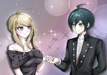 1boy 1girl ahoge alternate_costume alternate_hairstyle black_dress black_hair black_ribbon blush breasts brown_eyes commentary_request danganronpa_(series) danganronpa_v3:_killing_harmony dress dress_shirt eye_contact formal_clothes fortissimo hair_ornament hair_ribbon highres jacket large_breasts long_hair long_sleeves looking_at_another moon_(moon0771110) musical_note musical_note_hair_ornament ribbon saihara_shuichi shirt short_hair smile sparkle striped_clothes striped_jacket