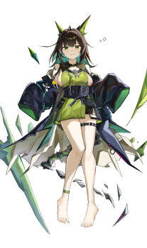 1girl absurdres ahoge aqua_hair arknights bare_shoulders barefoot belt belt_buckle black_belt black_coat black_hair black_sash black_shorts breasts buckle charkorr_(tou_pencil) chinese_commentary closed_mouth coat colored_inner_hair commentary_request crystal dress emoji feet full_body green_dress green_eyes green_hair highres huge_ahoge light_smile long_hair looking_at_viewer material_growth medium_breasts mon3tr_(arknights) multicolored_hair off_shoulder oripathy_lesion_(arknights) pouch sash short_dress short_shorts shorts shorts_under_dress solo sparkle tail thigh_belt thigh_strap toenails toes
