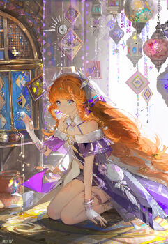 1girl asymmetrical_gloves bare_shoulders blue_eyes chinese_commentary commentary_request fingerless_gloves gloves hand_up highres indoors jacket long_hair multicolored_jacket orange_hair purple_jacket purple_shorts seiza shorts sigrika_(wuthering_waves) sitting solo two-tone_jacket uneven_gloves very_long_hair white_gloves white_jacket wu_xiao_xian wuthering_waves