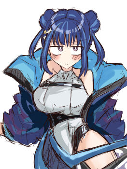 1girl blue_eyes blue_hair blush breasts chest_belt cropped_vest double_bun duel_monster evil_twin_lil-la gloves hair_bun highres irutann jacket large_breasts leotard lil-la_(yu-gi-oh!) looking_at_viewer short_hair vest white_leotard yu-gi-oh! yu-gi-oh!_master_duel