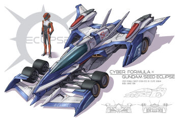 1boy absurdres car creator_connection eclipse_gundam future_gpx_cyber_formula gundam gundam_seed gundam_seed_eclipse hand_on_own_hip helmet highres mecha_pilot_suit motor_vehicle multiple_views normal_suit_(gundam) pilot_suit race_vehicle racecar redesign science shadow standing tatsumi_hori vehicle_focus zen_(jirakun)