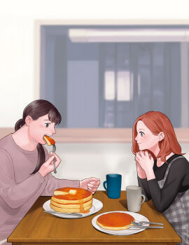 Rule 34 | 2girls, absurdres, black eyes, black hair, black shirt, brown eyes, brown hair, closed mouth, commentary request, cup, dress, eating, food, fork, from side, grey dress, grey sweater, highres, holding, holding fork, indoors, kasuga totoko, knife, low ponytail, multiple girls, nomoto yuki, pancake, pancake stack, plaid clothes, plaid dress, ponytail, shirt, smile, sweater, tsukuritai onna to tabetai onna, yuzaki sakaomi