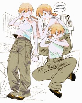 1girl blonde_hair brown_shoes cargo_pants closed_eyes closed_mouth cup don_quixote_(project_moon) full_body green_pants hair_between_eyes highres holding holding_cup limbus_company looking_at_viewer multiple_views open_mouth pants project_moon shirt shoes short_hair sitting smile standing tank_top tongue tongue_out tying_hair wenli white_background white_shirt yellow_eyes