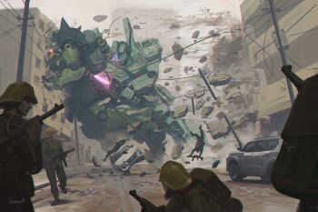 absurdres artist_name assault_rifle assault_visor backpack bag battle blonde_hair blue_visor building car char&#039;s_counterattack city combat_helmet commentary debris destruction earth_federation energy_sword english_commentary geara_doga green_jacket gun gundam helmet highres holding holding_sword holding_weapon icemarv14 jacket jegan mecha mecha_focus midair mobile_suit motor_vehicle power_lines rifle road robot science_fiction shoulder_spikes soldier spikes sports_utility_vehicle street sword tackle utility_pole war weapon zeon