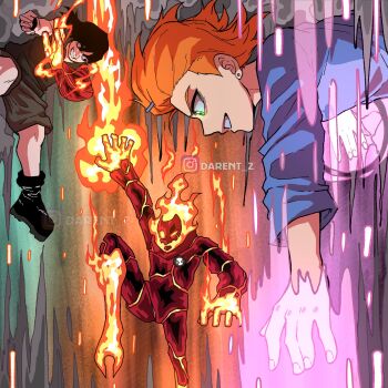 1girl 2boys alien animal_print animification ben_10 ben_tennyson bike_shorts black_hair black_shirt blue_shirt boots cat_print commentary cousins darent_z earrings elemental_(creature) english_commentary falling fire fire_elemental glowing glowing_eyes green_eyes grin gwen_tennyson hair_ornament hairclip heatblast highres instagram_logo instagram_username jewelry kevin_levin magic multiple_boys omnitrix orange_hair shirt short_hair smile stud_earrings teeth thigh_boots