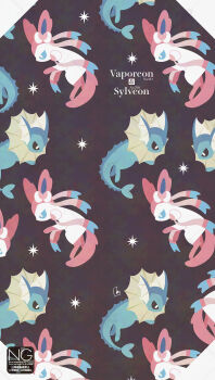 Rule 34 | animal focus, blue eyes, blue fur, blue sclera, cetacean tail, colored sclera, fins, fish tail, forked tail, gen 1 pokemon, gen 6 pokemon, head fins, highres, meme (sleepsheep), nintendo, no humans, pink fur, pokemon, pokemon (creature), pokemon focus, sparkle, sylveon, tail, two-tone fur, vaporeon, white fur