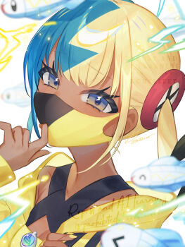 1girl bandeau blue_eyes breasts canari_(pokemon) cleavage commentary_request eyelashes gen_5_pokemon hands_up highres jacket looking_at_viewer mask mouth_mask multicolored_hair nail_polish nintendo pokemon pokemon_(creature) pokemon_legends:_z-a shiroraba short_twintails signature twintails tynamo upper_body watermark white_background yellow_bandeau yellow_jacket yellow_nails