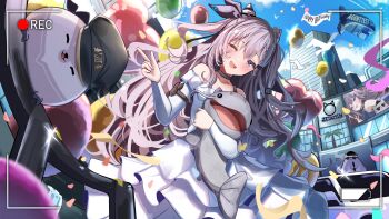 1girl absurdres balloon bare_shoulders blue_eyes blush dress grey_hair happy_birthday heart_balloon highres holding hololive hololive_indonesia long_hair one_eye_closed rokusketch solo_focus strapless strapless_dress two_side_up vestia_zeta virtual_youtuber white_dress