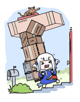 >_< 1girl advarcher animal_costume artist_name blue_hair blue_hoodie bush cat chibi closed_eyes commentary computer computer_tower day death_stranding door english_commentary english_text fins fish_tail full_body gawr_gura highres hololive hololive_english hood hoodie long_sleeves mailbox_(incoming_mail) medium_hair motion_lines multicolored_hair open_mouth outdoors parody pointing shark_costume shark_girl shark_tail sharp_teeth streaked_hair tail teeth virtual_youtuber white_hair