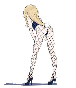 1girl ass bare_shoulders bent_over black_leotard blonde_hair blue_leotard cinn_angl facing_away fake_tail fishnet_pantyhose fishnets from_behind full_body hands_on_own_knees hands_on_own_thighs high_heels leaning_forward legs leotard loli long_hair long_legs original pantyhose playboy_bunny rabbit_tail simple_background solo standing stiletto_heels tail white_background
