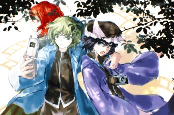 3others :3 androgynous arm_around_neck black_hair black_hat black_shirt blue_jacket brown_shorts camera camera_around_neck cellphone coattails cobblestone collared_shirt commentary cowboy_shot day flip_phone frilled_headwear green_eyes green_hair green_jacket hair_between_eyes happy hat high_collar highres holding holding_phone hood hood_down hood_up hooded_jacket jacket len&#039;en long_sleeves looking_at_object lower_teeth_only mob_cap multiple_others open_clothes open_jacket open_mouth other_focus outdoors phone pink_shorts purple_eyes purple_jacket red_eyes red_hair selfie shade shirt shitodo_aoji shitodo_hooaka shitodo_kuroji short_hair shorts siblings smirk surprised symbol-only_commentary teeth tree triangular_headpiece turtleneck turtleneck_shirt wide_sleeves yancao_(pixiv_103434280) zipper