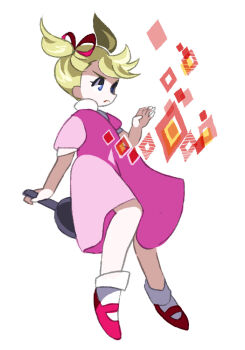 Rule 34 | 1girl, ana (mother), blonde hair, blue eyes, casting spell, commentary request, dress, frown, frying pan, full body, holding, holding frying pan, mary janes, mother (series), mother 1, nintendo, pink dress, puffy short sleeves, puffy sleeves, red ribbon, red shoes, ribbon, shoes, short sleeves, simple background, socks, solo, tanba (tanba-art), white socks