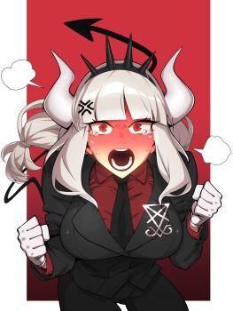 1girl anger_vein angry black_headband black_necktie black_pants blunt_bangs blush clenched_hands collared_shirt demon_horns demon_tail embarrassed formal_clothes full-face_blush gloves gradient_background headband helltaker highres horns jacket long_hair lucifer_(helltaker) necktie open_mouth pants pargen red_background red_eyes red_shirt shirt sidelocks simple_background solo spiked_headband suit suit_jacket tail tearing_up teeth white_gloves white_hair white_horns
