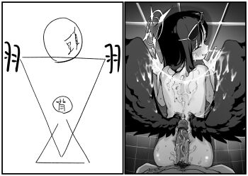 1boy 1girl against_wall asahina_yoshitoshi bent_over blue_archive blush completely_nude cum cum_on_back cum_on_body cum_on_wings cum_string erection eyewear_on_head greyscale grin halo hetero highres ichika_(blue_archive) long_hair monochrome nude penis penis_on_ass smile sunglasses uncensored wings