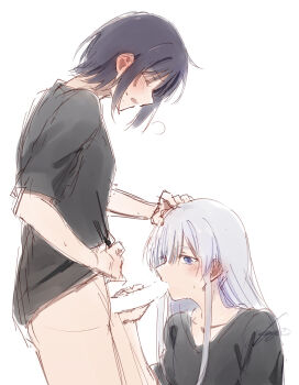 2girls black_hair black_shirt blank_censor blue_eyes blush bottomless censored cho_kaguya-hime! closed_eyes collarbone commentary_request erection fellatio from_side futa_with_female futanari grabbing_another's_penis grey_hair hand_on_another's_head highres kage_ochi long_hair medium_hair multiple_girls open_mouth oral penis profile runami_yachiyo sakayori_iroha shirt short_sleeves simple_background sketch sweat white_background