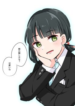 1girl :d alternate_costume black_hair black_jacket black_vest blue_necktie blunt_bangs blush breast_pocket commentary_request green_eyes hand_on_own_cheek hand_on_own_face highres jacket link!_like!_love_live! looking_at_viewer love_live! low_ponytail momose_ginko necktie open_clothes open_jacket open_mouth outer_glow pocket pocket_square ponytail shiro_(white_2530) short_hair short_ponytail smile solo speech_bubble vest virtual_youtuber white_background