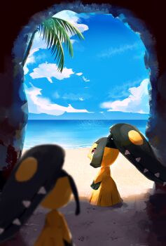 2girls beach blue_sky blurry blurry_foreground cave cloud ekm extra_mouth from_behind gen_3_pokemon mawile multiple_girls nintendo ocean outdoors palm_tree pokemon pokemon_(creature) red_eyes sky tree