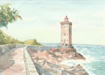 building commentary_request day horizon landscape lighthouse no_humans ocean original outdoors painting_(medium) paruperu path road scenery shore sky tower traditional_media watercolor_(medium)