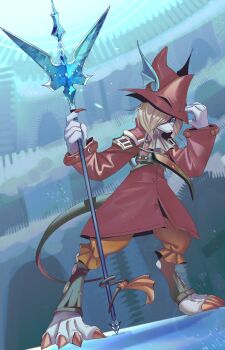 1girl adjusting_clothes adjusting_headwear animal_feet animal_nose ascot blonde_hair blue_background blue_eyes body_fur buttons claws closed_mouth coat dutch_angle female_focus final_fantasy final_fantasy_iv freya_crescent full_body furry furry_female grey_ascot grey_fur hair_over_one_eye hands_up hat holding_polearm holding_weapon legs_apart long_sleeves looking_at_viewer mouse_girl mouse_tail one_eye_covered orange_pants pants pkbunny polearm puffy_pants red_coat red_hat ribbon serious snout solo standing stirrup_footwear tail tail_ornament tail_ribbon trident weapon winged_hat