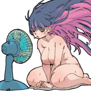 breasts commentary electric_fan english_commentary large_breasts nipples non-web_source pantsu-ripper panty_&amp;_stocking_with_garterbelt simple_background stocking_(psg) sweat