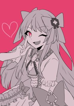 1girl chaos_marie_(grimms_notes) cleavage_cutout clothing_cutout collar corset diamond_necklace dress frilled_corset frills grimms_notes hair_ribbon hand_up heart heart-shaped_pupils highres looking_at_viewer one_eye_closed partially_colored pink_background pink_eyes puffy_short_sleeves puffy_sleeves ribbon sa_too00 short_sleeves simple_background smile solo symbol-shaped_pupils teeth upper_body