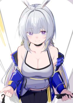 1girl absurdres animal_ears arknights armpit_crease asususususu bare_shoulders black_pants blue_jacket blush breasts bright_pupils cleavage closed_mouth collarbone commentary_request cowboy_shot from_above highres holding holding_kunai holding_weapon infection_monitor_(arknights) jacket kunai large_breasts long_hair long_sleeves looking_at_viewer off_shoulder pants purple_eyes sidelocks smile solo squirrel_ears squirrel_girl surfer_(arknights) tank_top very_long_hair weapon white_background white_hair white_tank_top