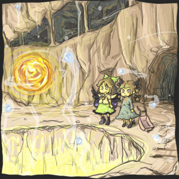 Rule 34 | 2girls, bow, braid, cape, cave, dress, female focus, fire, ghost, hitodama, kaenbyou rin, kiga3bon, marukei (kuramaruk), multiple girls, reiuji utsuho, skirt, smile, touhou, twin braids, wheelbarrow, wings