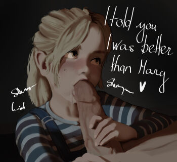 1boy 1girl absurdres age_difference black_background blonde_hair blue_dress blue_shirt blush denim_dress dress english_text eyebrows eyelashes fellatio fingernails freckles handjob hetero highres konami laura_(silent_hill) lips loli long_hair looking_afar matching_hair/eyes nose oral penis ponytail purple_shirt shirt silent_hill_(series) silent_hill_2 simple_background solo_focus striped_clothes striped_shirt supeku two-tone_shirt uncensored upper_body variant_set yellow_eyes