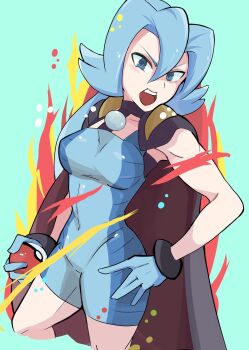 1girl blue_bodysuit blue_eyes blue_gloves blue_hair bodysuit clair_(pokemon) commentary gloves green_background hair_between_eyes hand_on_own_hip highres holding holding_poke_ball knees long_hair looking_at_viewer nintendo open_mouth poke_ball poke_ball_(basic) pokemon pokemon_heartgold_and_soulsilver solo tabo_(tabokicchan) teeth upper_teeth_only