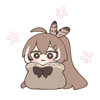 Rule 34 | 1girl, :3, ahoge, black bow, bloodymoonia, blush, bow, brown hair, chibi, chibi only, closed mouth, commentary, english commentary, feather hair ornament, feathers, full body, hair ornament, highres, hololive, hololive english, long hair, multicolored hair, nanashi mumei, ponytail, simple background, smile, solo, streaked hair, virtual youtuber, white background, white hair