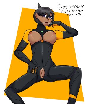 1girl ass bodysuit breasts emma_(pokemon) heavy_breathing highres looking_at_viewer nintendo pokemon pokemon_legends:_z-a pussy short_hair simple_background skin_tight smile solo torn_clothes