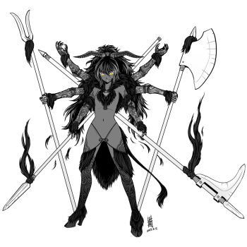 Rule 34 | 1girl, antaria, areola slip, axe, battle axe, bident, chi you, chinese mythology, dated, demon girl, extra arms, female focus, full body, genderswap, genderswap (mtf), greyscale, halberd, high heels, hooves, horns, long hair, monochrome, navel, polearm, shoes, signature, simple background, solo, spear, spot color, tail, weapon, white background, yellow eyes