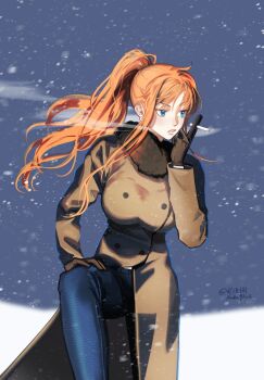 1girl blue_eyes blue_pants body_switch brown_coat brown_gloves cigarette coat commentary_request earrings gloves highres holding holding_cigarette jewelry knee_up kotomine_(a1569) long_hair long_sleeves looking_ahead nami_(one_piece) one_piece orange_hair pants parted_lips personality_switch ponytail sanji_(one_piece) smoke smoking snowing solo winter