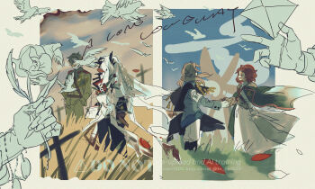 2boys 2girls absurdres adversarial_noise bird black_cape black_coat blonde_hair blue_jacket border cape charon_(reverse:1999) coat coat_on_shoulders dress eberhard_braun envelope face-to-face flower grass green_jacket green_pants grey_border grey_hair heart heart_hands highres holding holding_envelope holding_flower jacket marsha_(reverse:1999) military_uniform multiple_boys multiple_girls pants poppy_(flower) profile red_flower reverse:1999 sentinel_(reverse:1999) short_hair sketch standing tn_kn1000 veil watermark white_dress white_pants white_veil