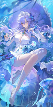 1girl absurdres asymmetrical_legwear blue_flower breasts cantarella_(wuthering_waves) chinese_commentary closed_mouth commentary_request dress earrings facial_mark flower full_body hair_between_eyes hair_flower hair_ornament headdress high_heels highres holding holding_umbrella jellyfish jewelry large_breasts long_hair mark_under_eye mole mole_under_eye parasol purple_hair purple_umbrella shoes shrug_(clothing) single_thighhigh smile socks solo thighhighs thighs ttk_(kirinottk) umbrella uneven_legwear very_long_hair white_dress white_shoes white_shrug white_socks wuthering_waves
